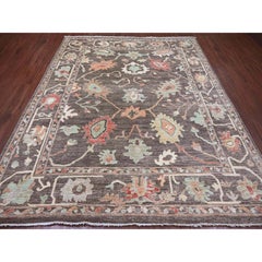 8'x9'6" Carob Brown Afghan Angora Oushak Leaf Design Tapis en laine noué à la main