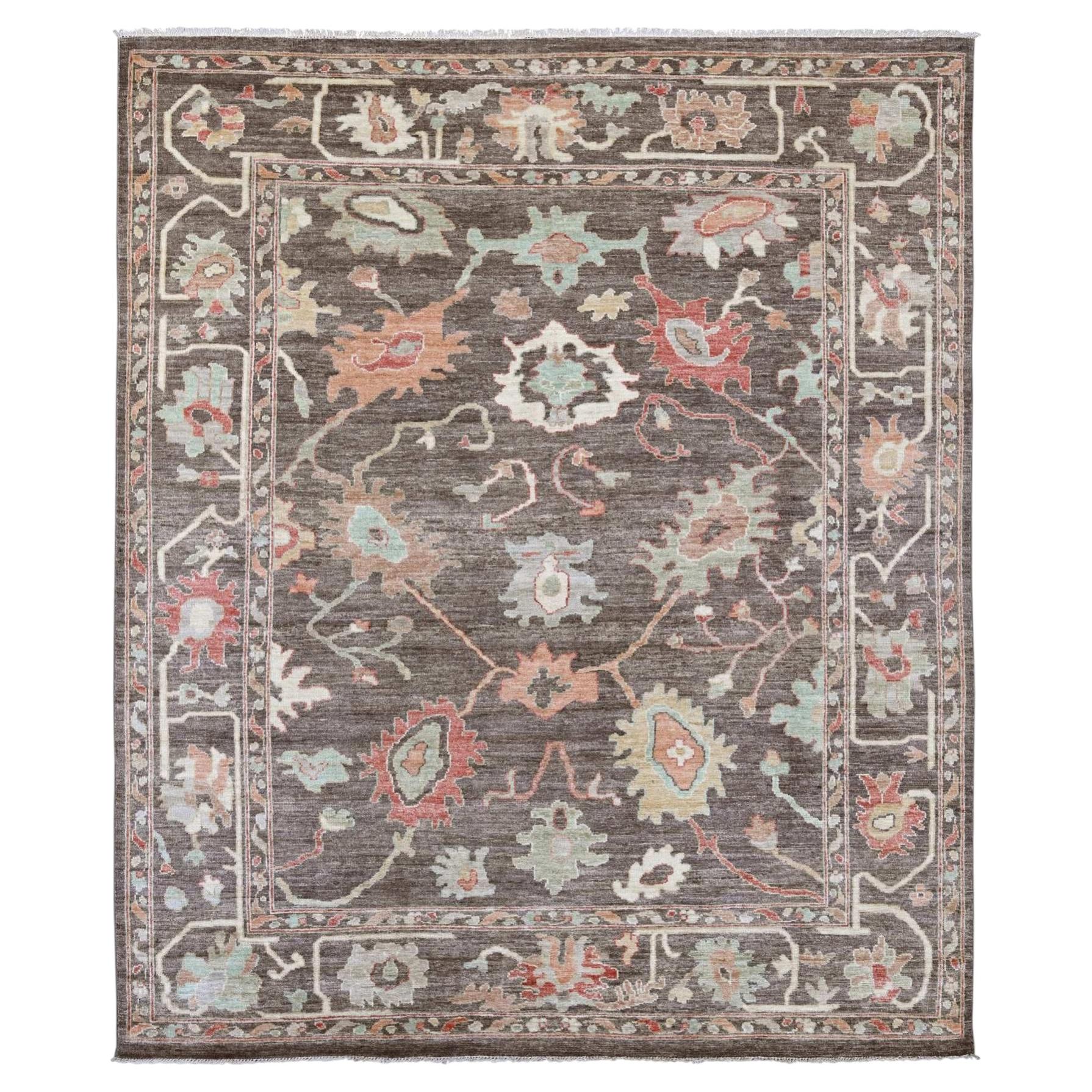 8'x9'6" Carob Brown Afghan Angora Oushak Leaf Design Hand Knotted Wool Rug