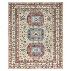 8'x9'6" Crema, Alfombra Oriental Afgana Super Kazak de Lana Suave Anudada a Mano