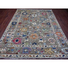 8'x9'6" Fossil Gray Afghan Angora Oushak Leaf Design Hand geknüpft Wolle Teppich