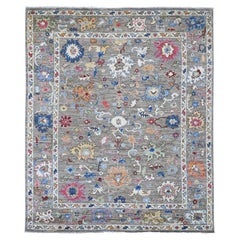 8'x9'6" Fossil Gray Afghan Angora Oushak Leaf Design Hand geknüpft Wolle Teppich