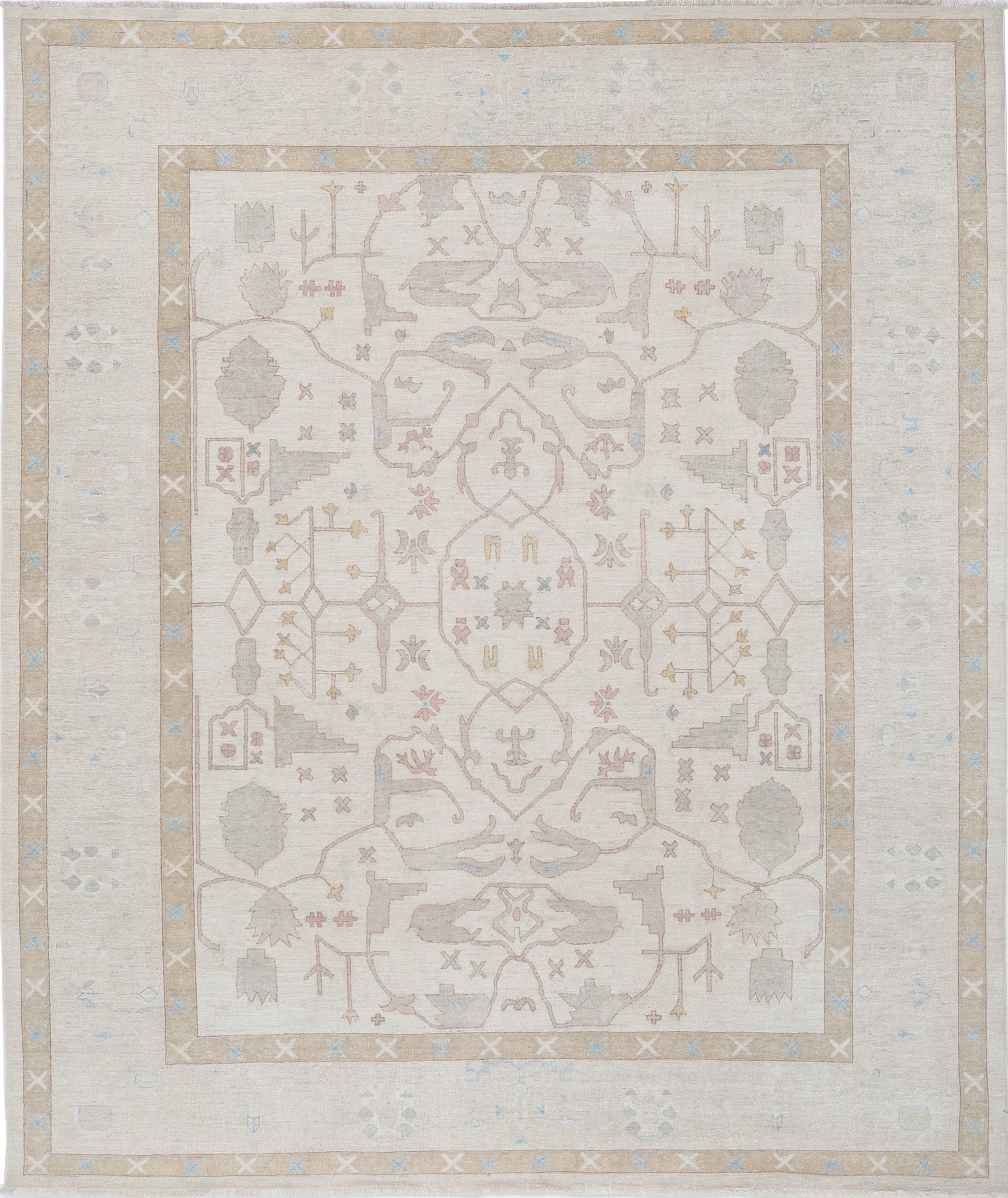 8x9.6 ft Handknotted Wool Large Area Rug. Beige Turkish Carpet for Living Room