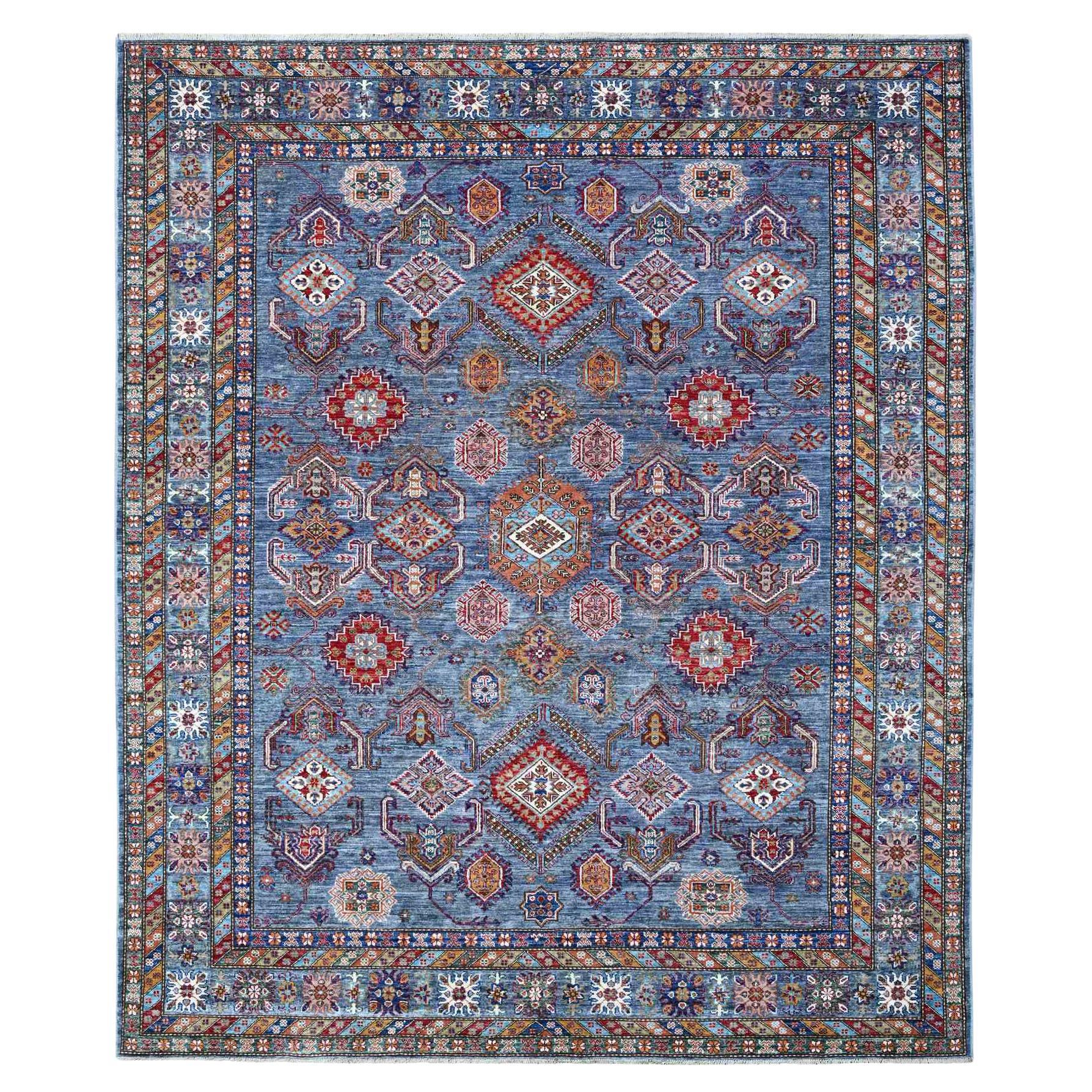8'x9'6" Laine grise nouée à la main Motifs géométriques sur tout le tapis Super Kazak
