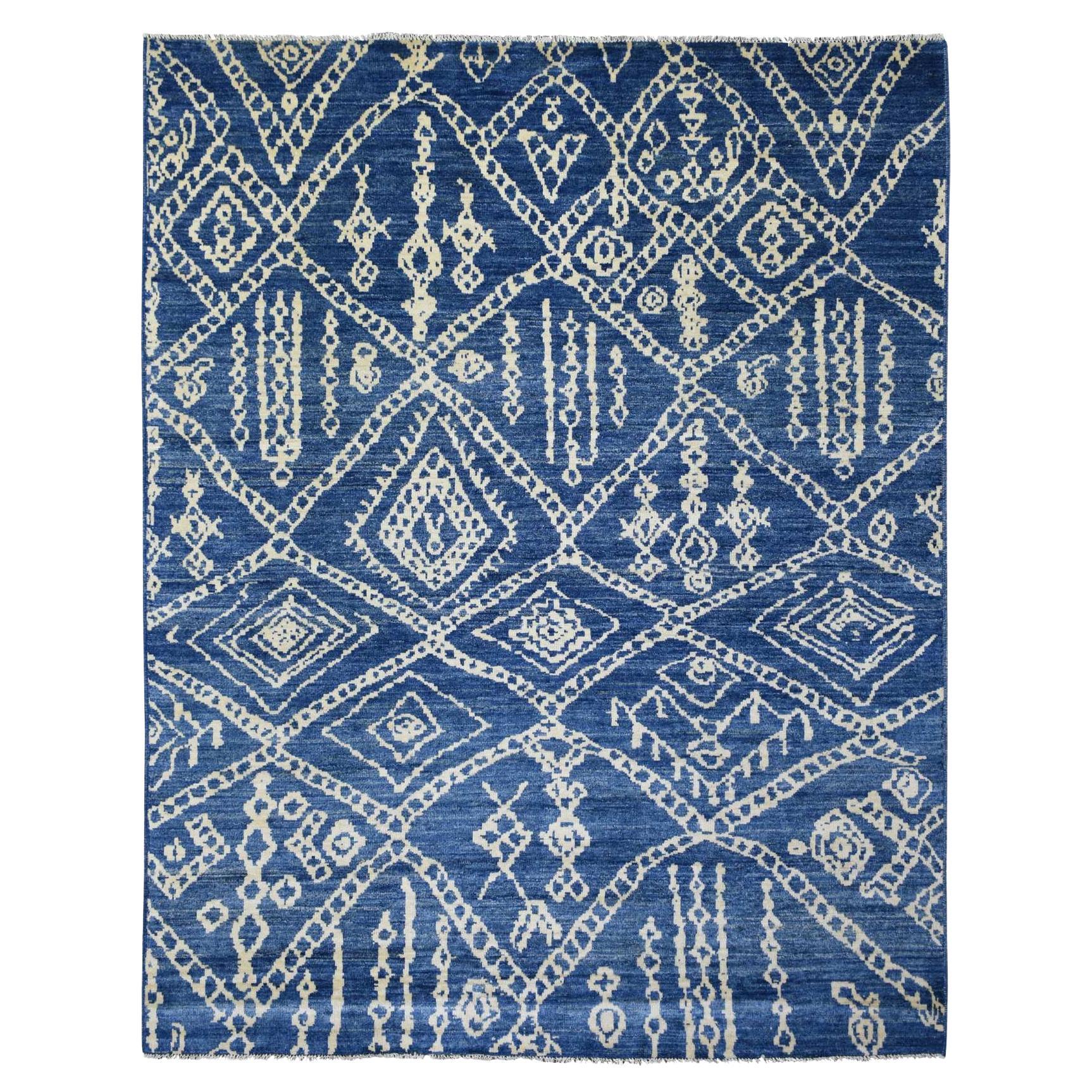8'x9'6" Navy Blue, Hand Knotted, Soft and Shiny Wool, Moroccan Berber Rug