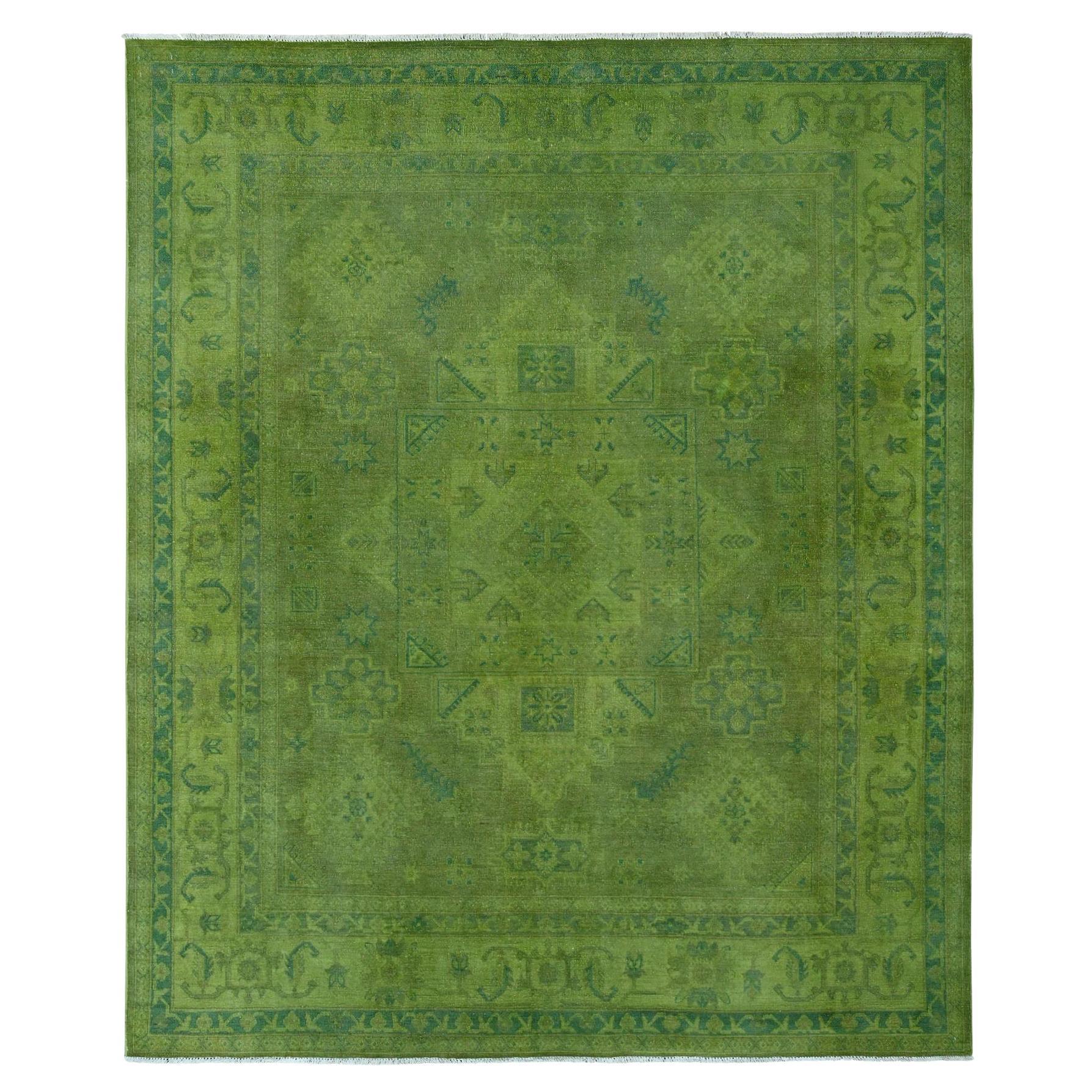 8'x9'6" Pickle Green Overdyed Kazak Geometric Pattern Tapis de laine noué à la main