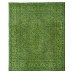 Alfombra de lana anudada a mano con motivos geométricos Kazak teñida de verde Pickle x 9'6