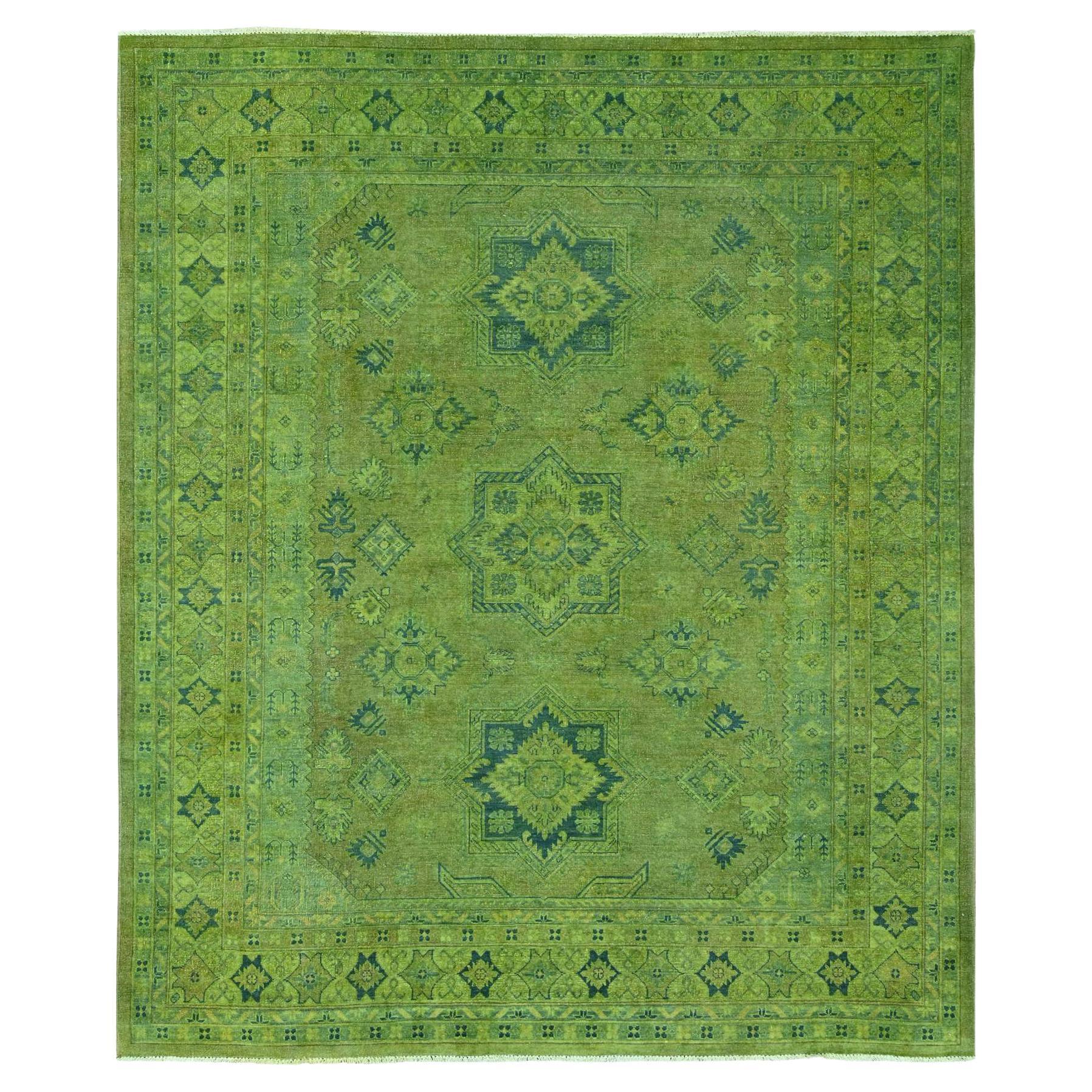 8'x9'6" Pickle Green Overdyed Kazak Medallions Design Hand Knotted Wool Rug