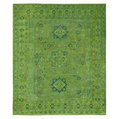 Alfombra de lana anudada a mano con diseño de medallones Kazak teñida de verde Pickle x 9'6