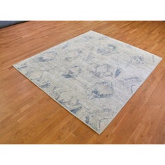 8'x9'6" Silver Blue Silk with Wool Hand Knotted Large Elements with Pastels Rug