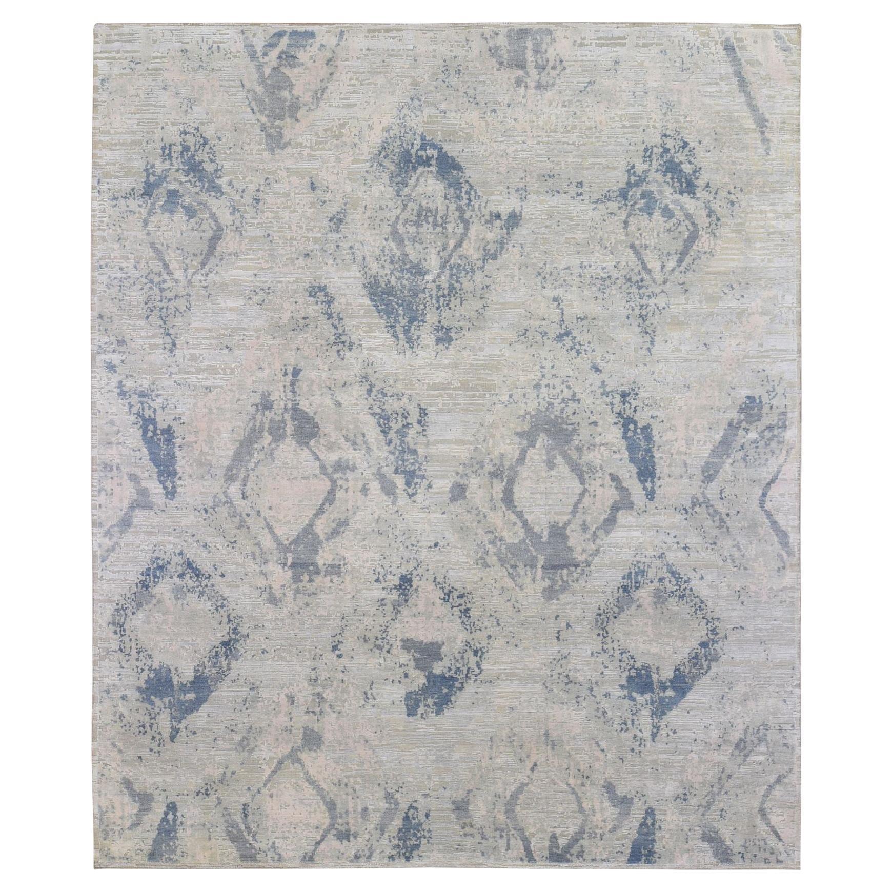 8'x9'6" Seda Azul Plata con Lana Anudada a Mano Alfombra Grande Elementos con Pasteles