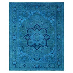 8'x9'7" Blue Overdyed Peshawar Heriz Design Distressed Hand Knotted Wool Rug