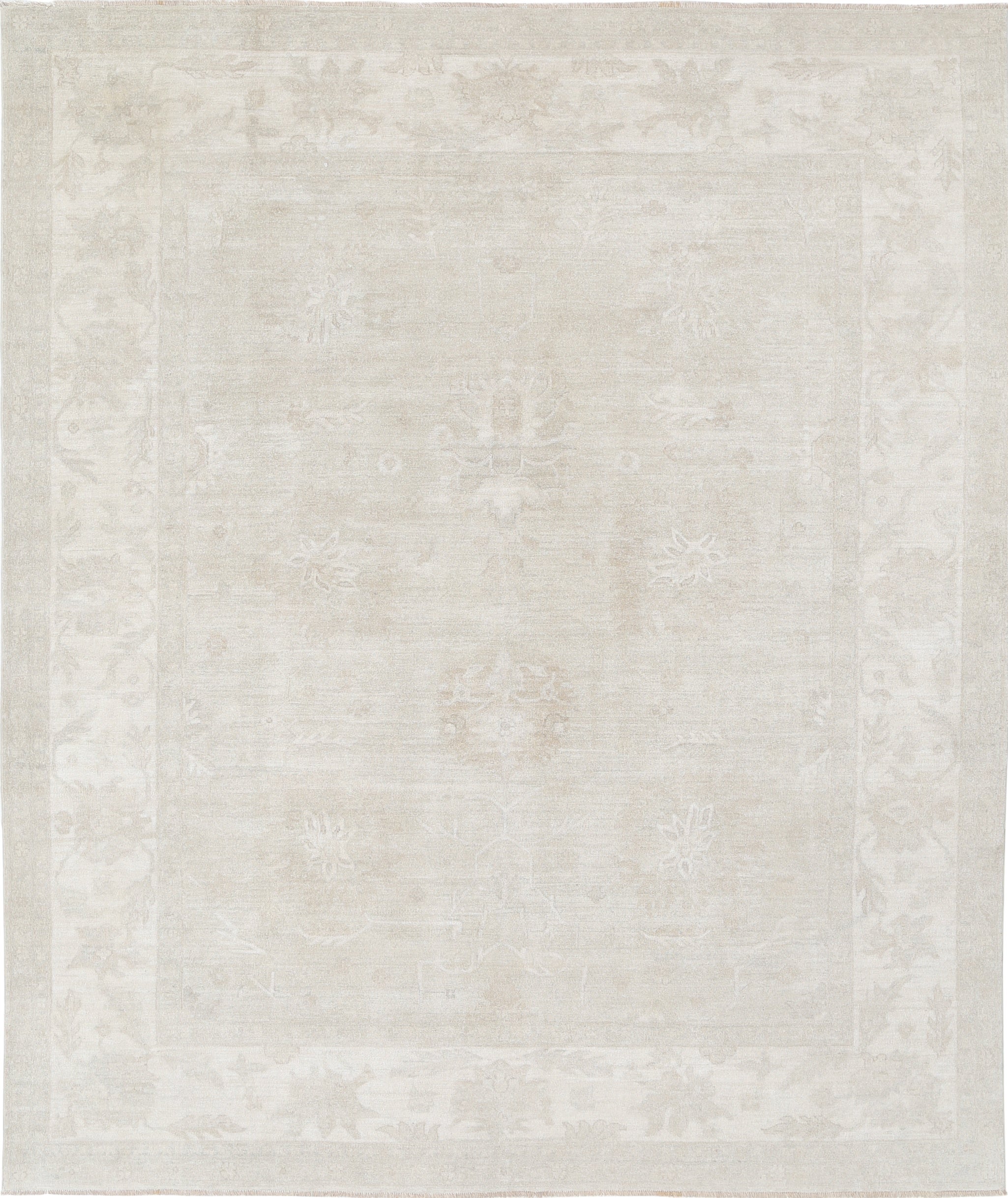 8x9.7 ft Hand Knotted Beige Wool Oushak Area Rug with All-Over Floral Design