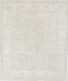 8x9.7 ft Hand Knotted Beige Wool Oushak Area Rug with All-Over Floral Design