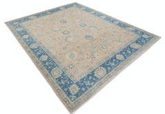 8x9.7 ft Hand Knotted Floral Rug, Beige and Light Blue Area Rug, Oushak Carpet
