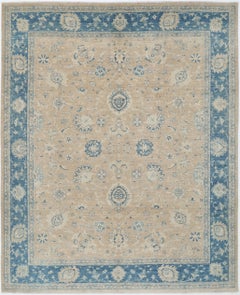 8x9.7 ft Hand Knotted Floral Rug, Beige and Light Blue Area Rug, Oushak Carpet