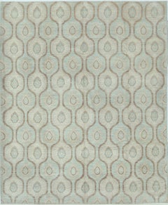 8x9.7 ft Hand Knotted Trellis Rug in Beige and Light Blue. Geometric Wool Carpet
