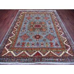 8'x9'7" Gray Afghan Super Kazak with Tribal Medallion Hand Knotted Wool Rug