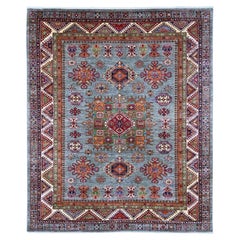 8'x9'7" Gray Afghan Super Kazak with Tribal Medallion Hand Knotted Wool Rug
