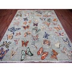 8'x9'7" Gray Peshawar Colorful Butterfly Design Hand Knotted Wool Oriental Rug