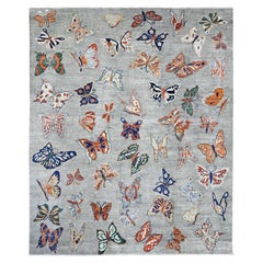 8'x9'7" Gray Peshawar Colorful Butterfly Design Hand Knotted Wool Oriental Rug