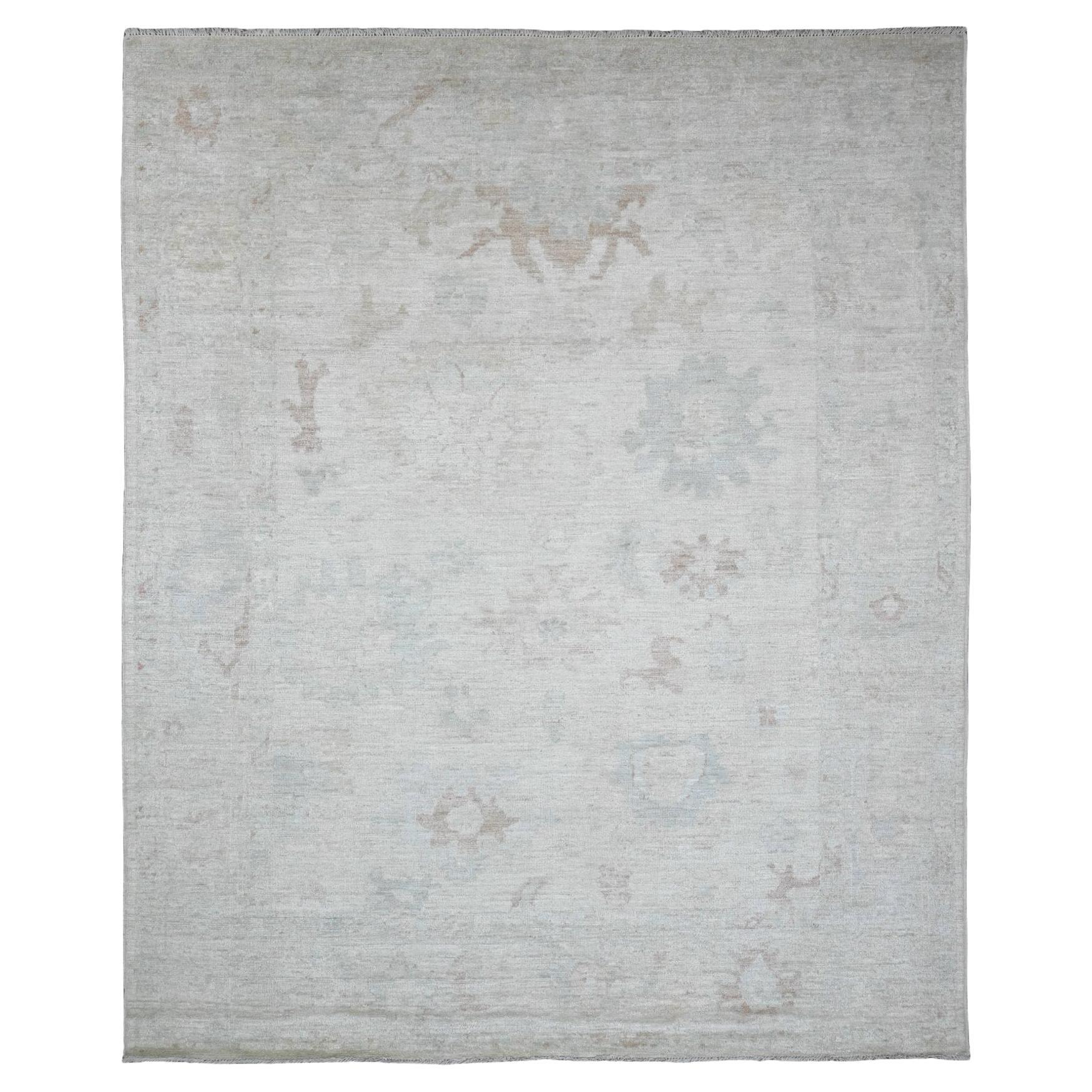8'x9'7" Gray Pure Wool Afghan Angora Oushak with Leaf Design Hand Knotted Rug