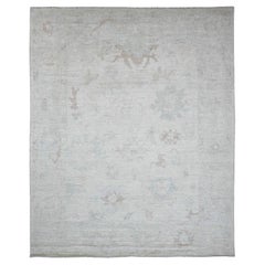 8'x9'7" Gray Pure Wool Afghan Angora Oushak with Leaf Design Hand Knotted Rug