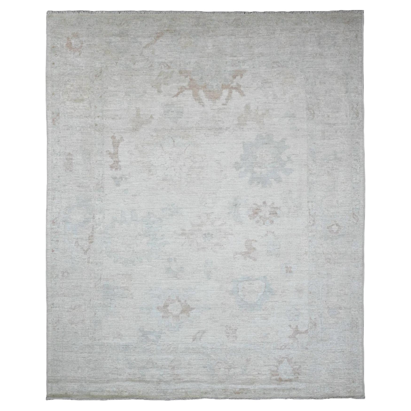 8'x9'7" Gray Pure Wool Afghan Angora Oushak with Leaf Design Hand Knotted Rug