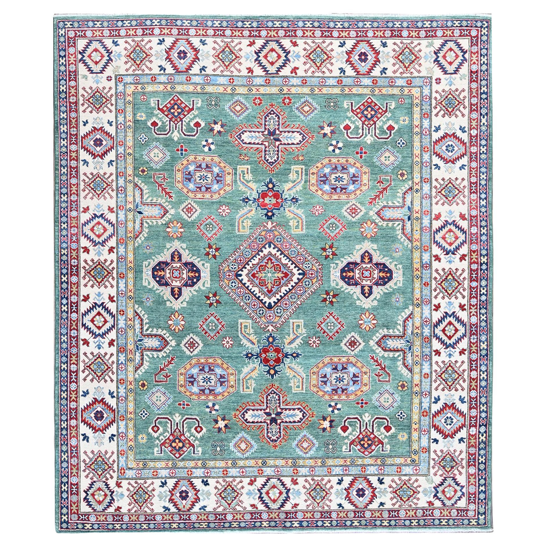 8'x9'7" Vert menthe Kazak avec motif géométrique Tapis d'Orient en laine noué à la main