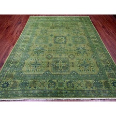 8'x9'7" Olive Green Overdyed Kazak Geometric Pattern All Wool Hand Knotted Rug