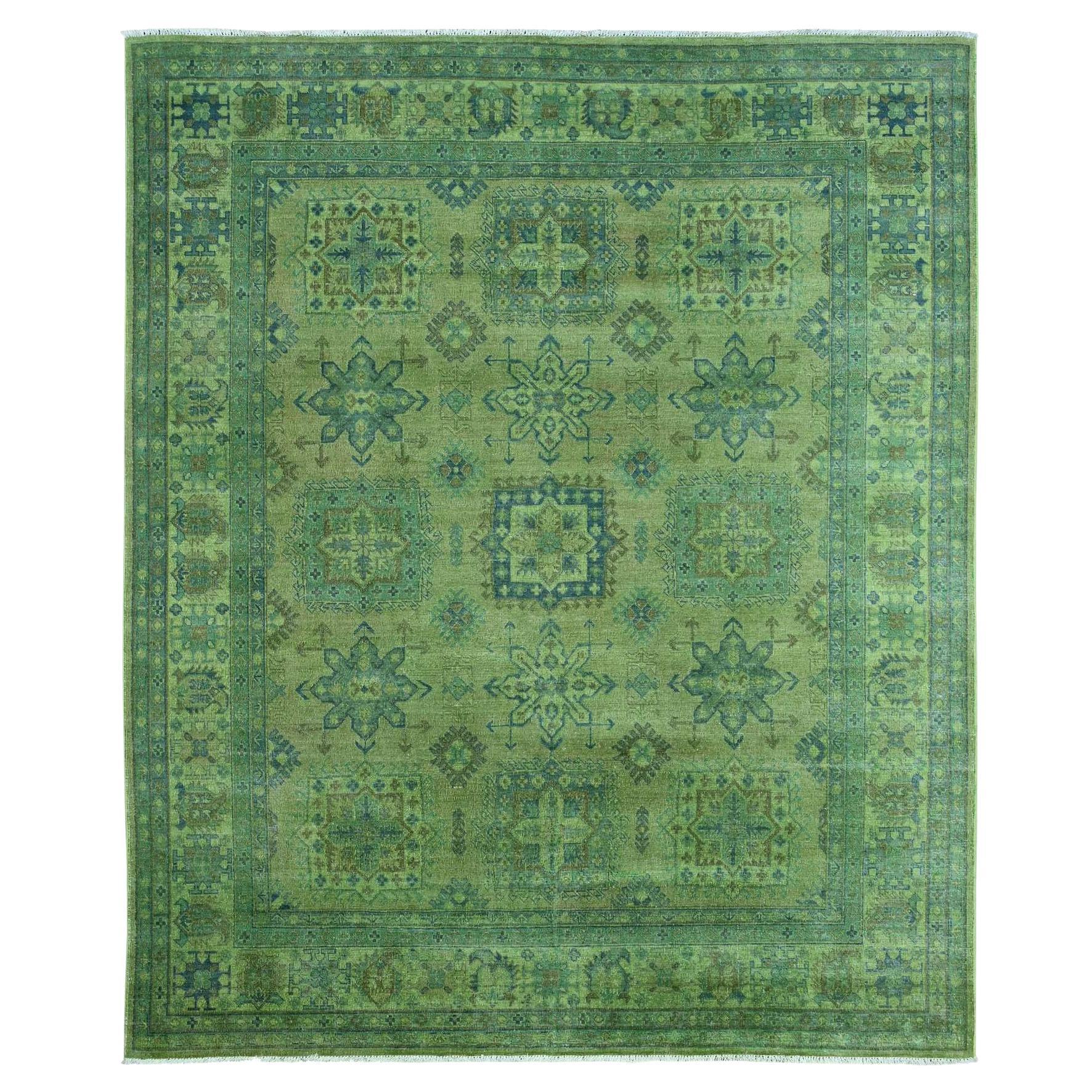 8'x9'7" Olive Green Overdyed Kazak Geometric Pattern All Wool Hand Knotsted Rug (Tapis noué à la main) en vente
