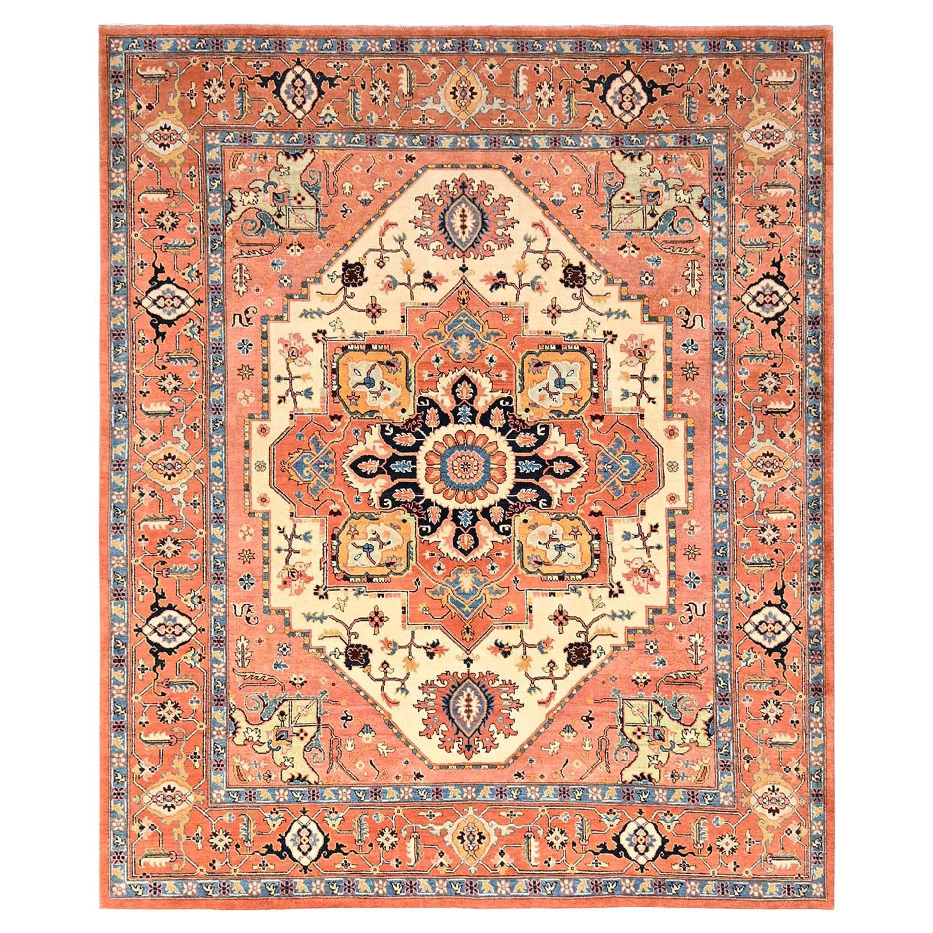 8
x9
7" Orange Afghan Peshawar with Serapi Heriz Design Hand Knotted Wool Rug