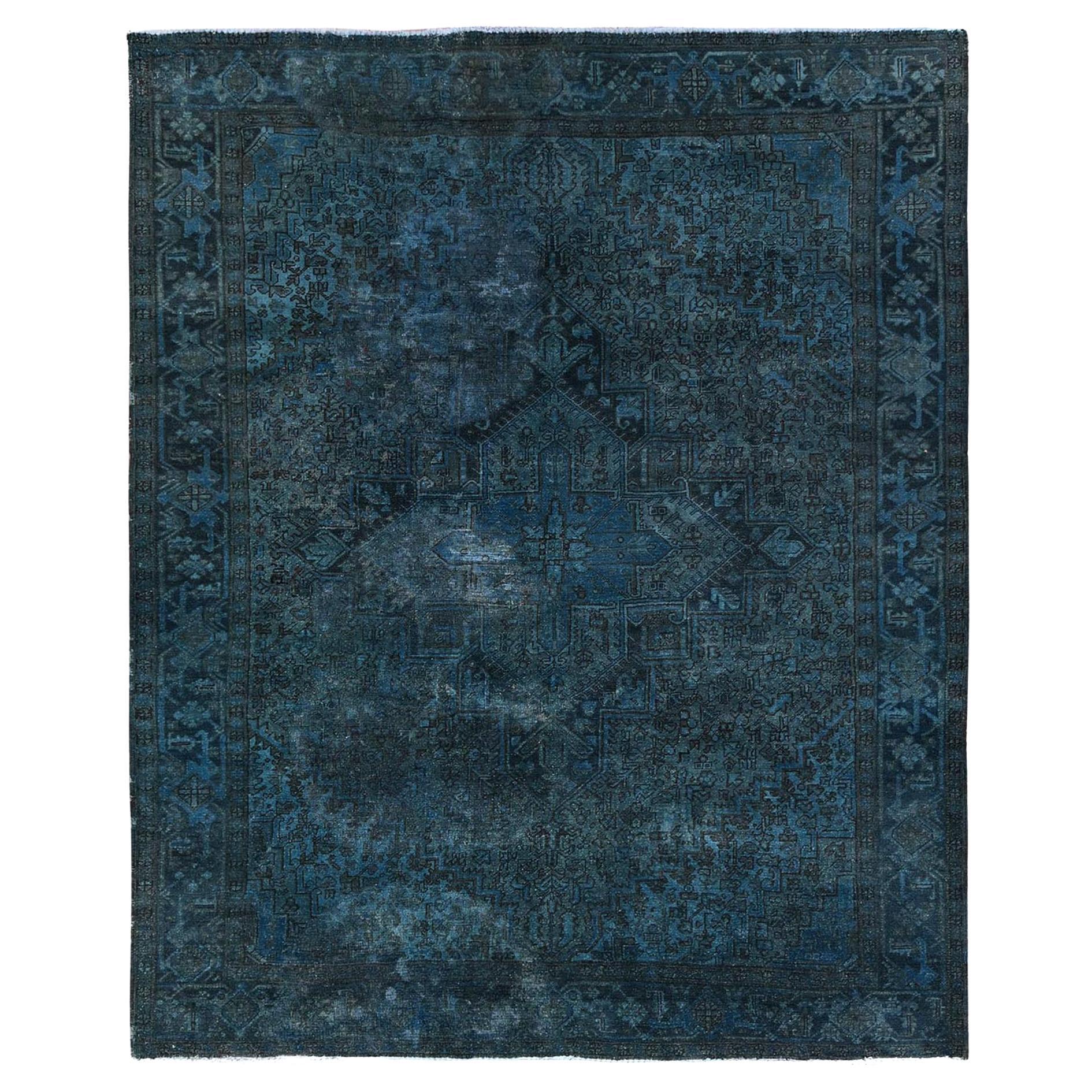 8'x9'8" Aegean Blue Overdyed Vintage Persian Heriz Tappeto annodato a mano in pura lana