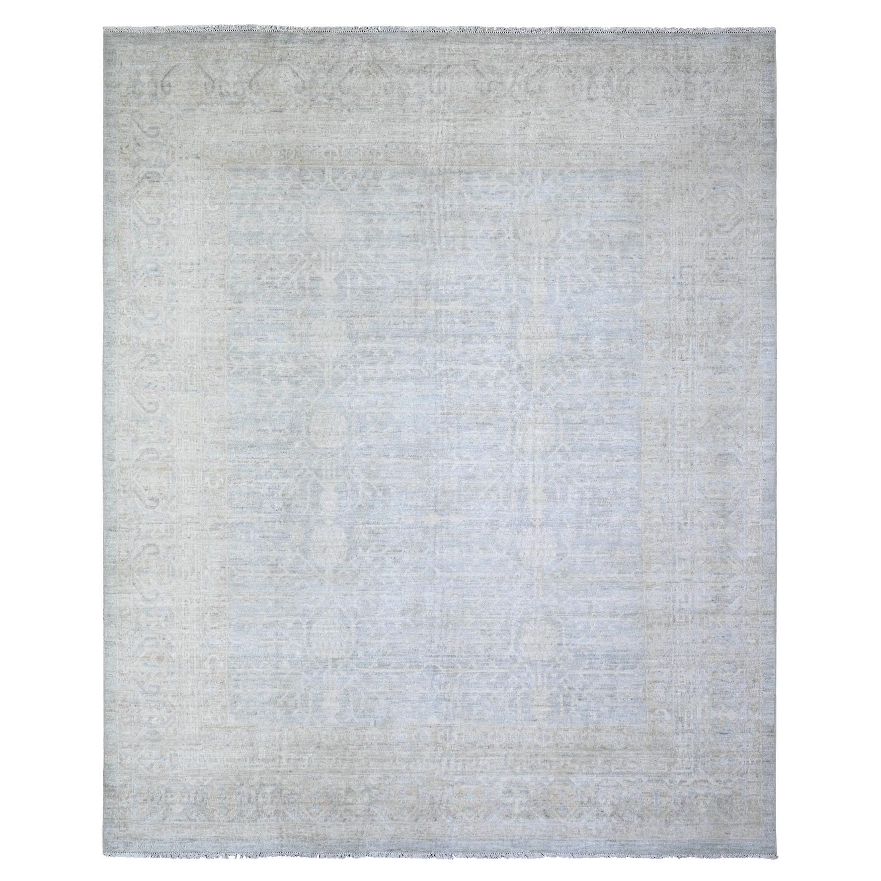 8'x9'8" Blauer, grauer, gewaschener Samarkand-Teppich mit Granatapfelmuster, handgeknüpft
