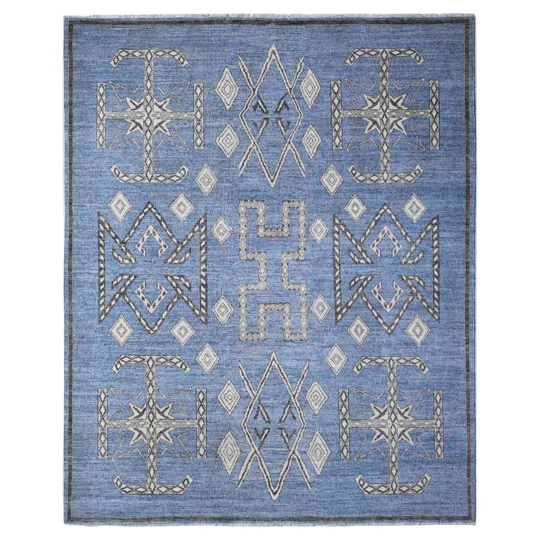 8'x9'8" Blue Snowflake Geometric Design Hand Made Berber Influence Peshawar Rug For Sale