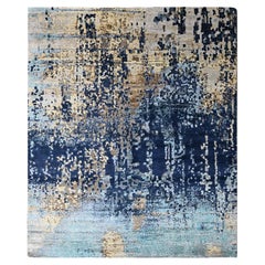 8'x9'8" Blue with Gold Modern Mosaic Design Hand Knotted Wool and Silk Rug