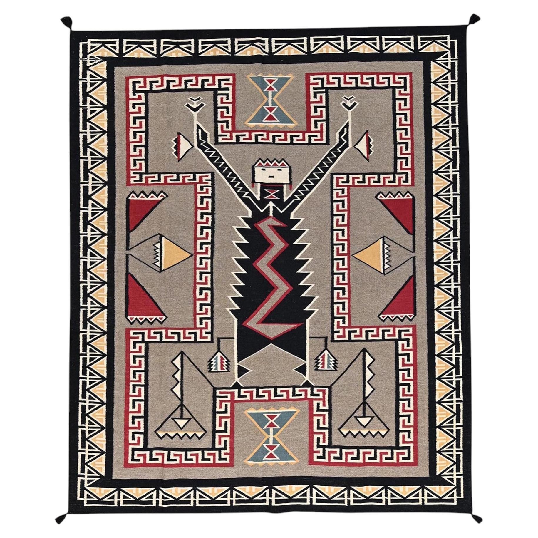 8'x9'8" Brown Flat Weave Southwest Geometric Design Hand Woven Pure Wool Rug For Sale