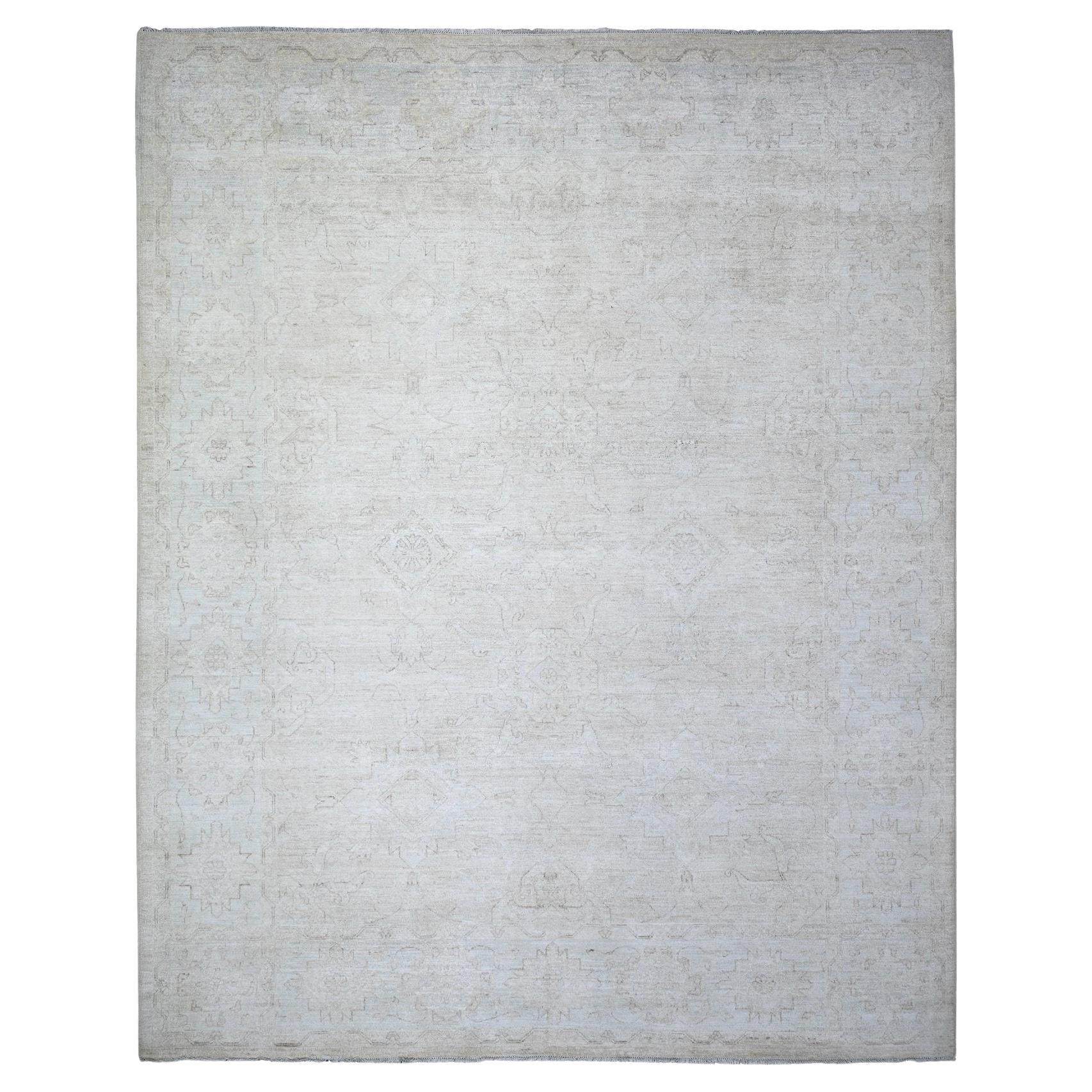 8'x9'8" Cream, Hand Knotted White Wash Peshawar, Heavily Washed Wool Rug For Sale
