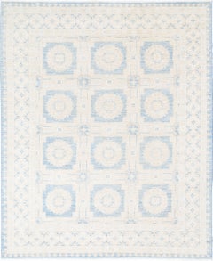 8x9.8 ft Handknotted Light Blue and Ivory Rug. Traditional Floral Pattern Carpet