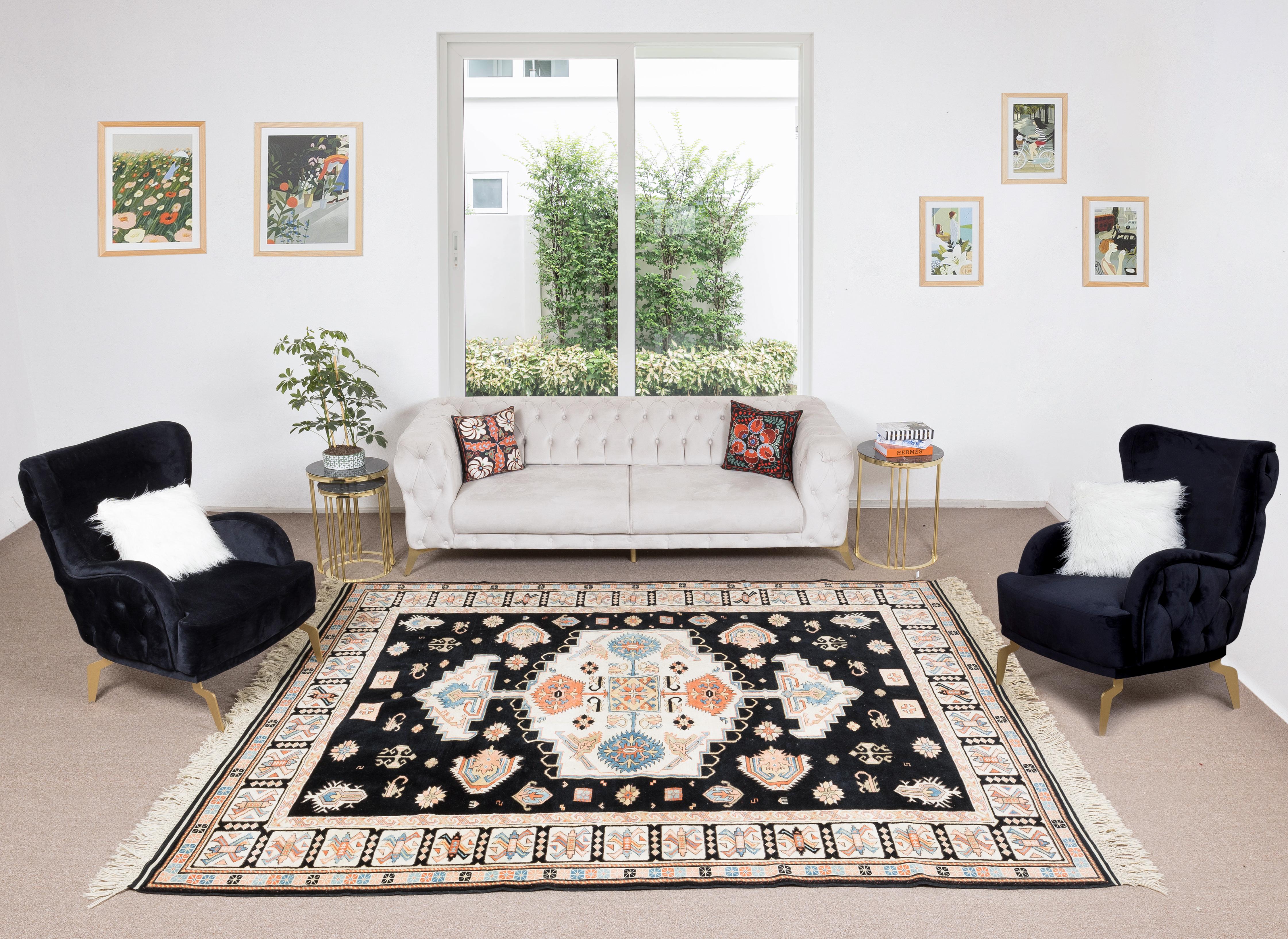 A hand-knotted contemporary Turkish rug.

This modern rug has even medium wool pile on wool foundation.

It is made of premium hand-spun sheep and natural dyes, ie. plant based non chemical dyes making it sought after, rare and special. 

The colors