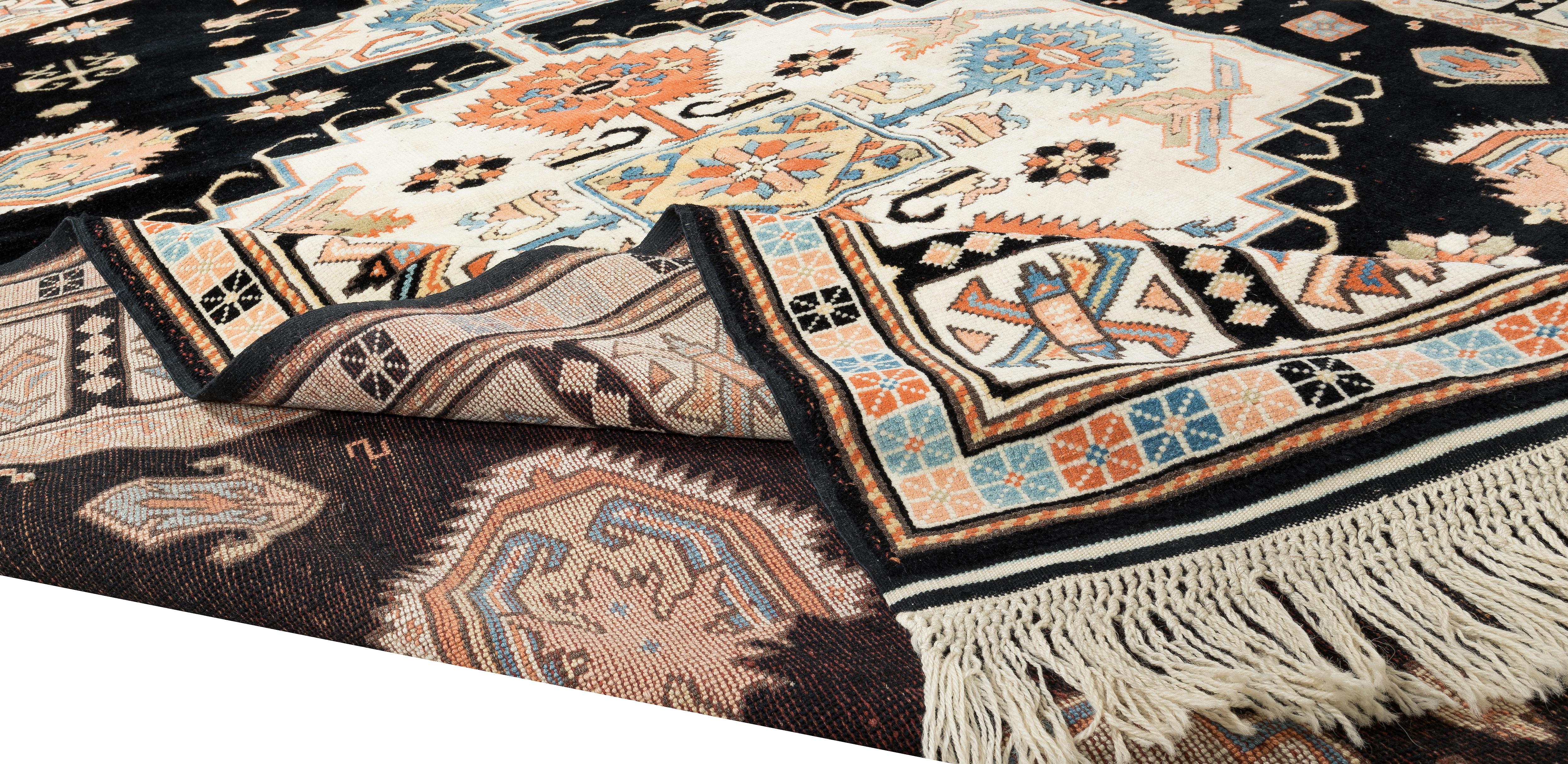 Hand-Knotted 8x9.8 Ft Outstanding Modern Handmade Turkish Wool Area Rug in Black & Beige For Sale
