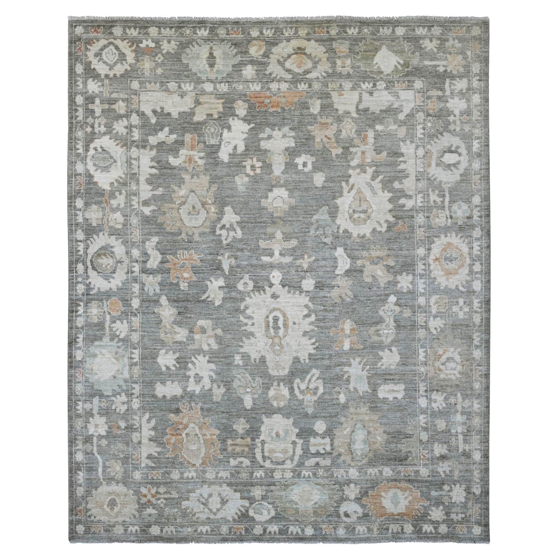 8'x9'8" Gray Afghan Angora Oushak Leaf Design Hand Knotted Wool Oriental Rug