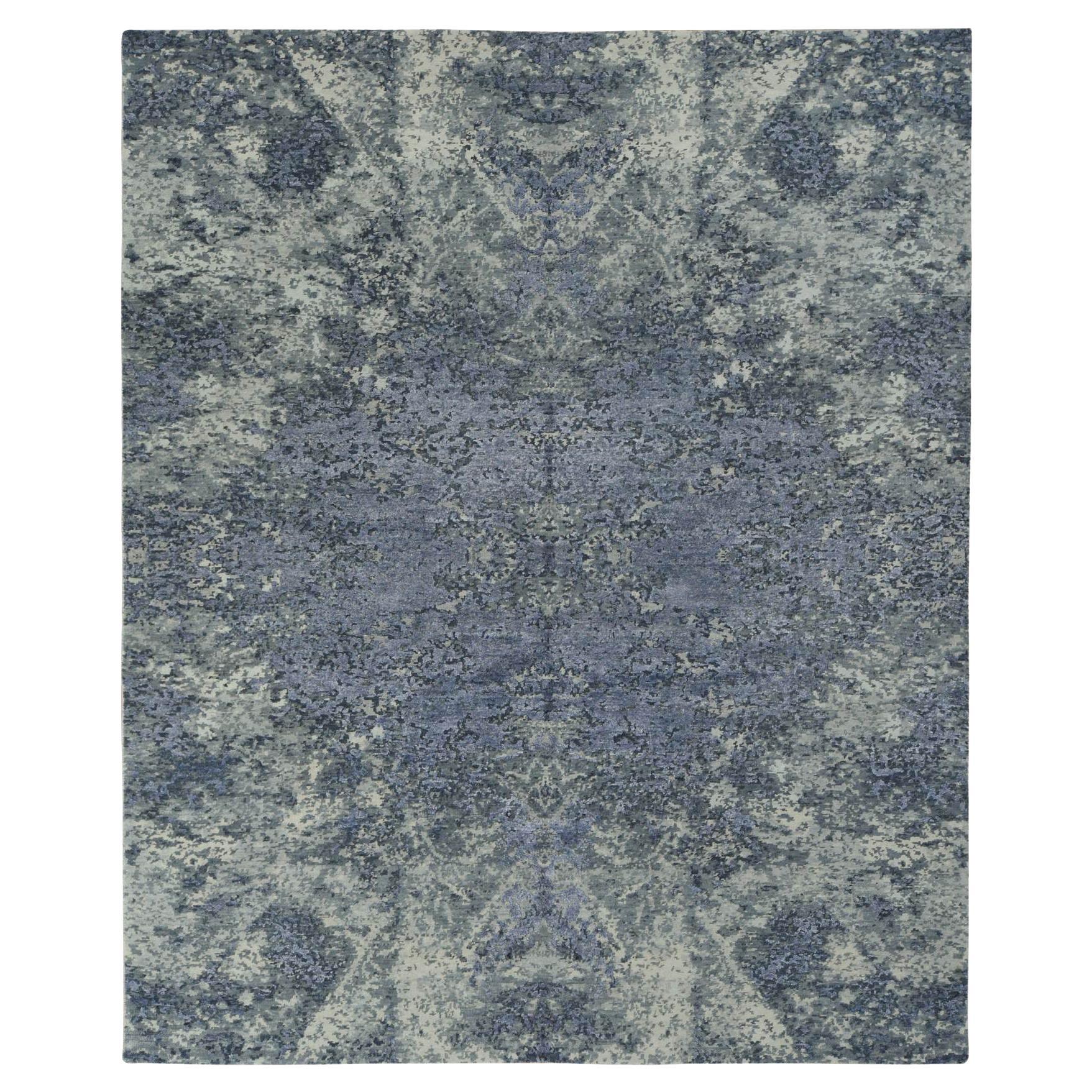 8'x9'8" Lavender Purple, Tappeto astratto tono su tono in lana e seta annodato a mano