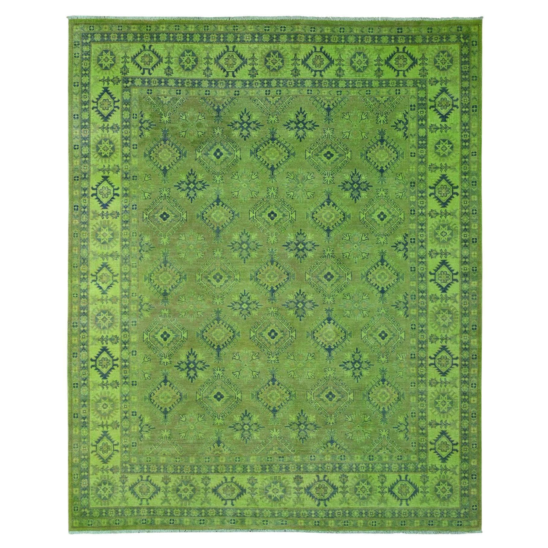 8'x9'8" Pear Green Overdyed Kazak Geometric Design Annodato a mano in pura lana in vendita