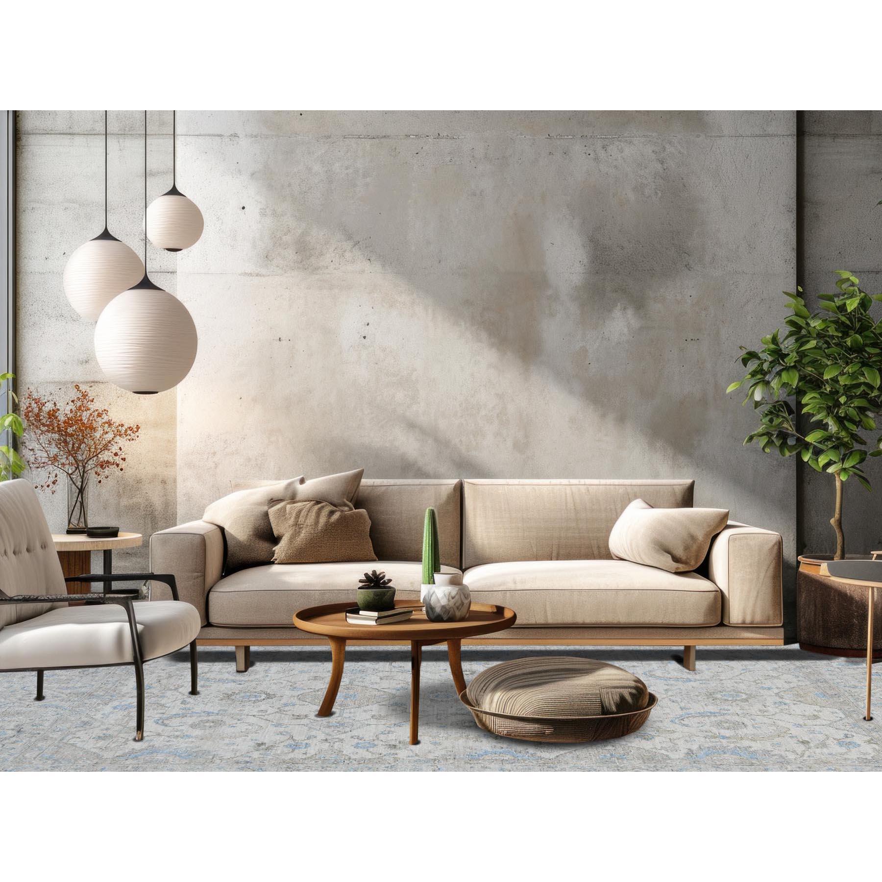 Chiffon White, White Wash Peshawar with All Over Vines Design, Densely Woven, Hand Knotted, 100% Wool, Oriental Rug
Primary materials: Wool
Latex: No Pile 
height: 0.25 Inches
Style: Transitional
Primary color: Ivory
Secondary colors: Blue, Green,