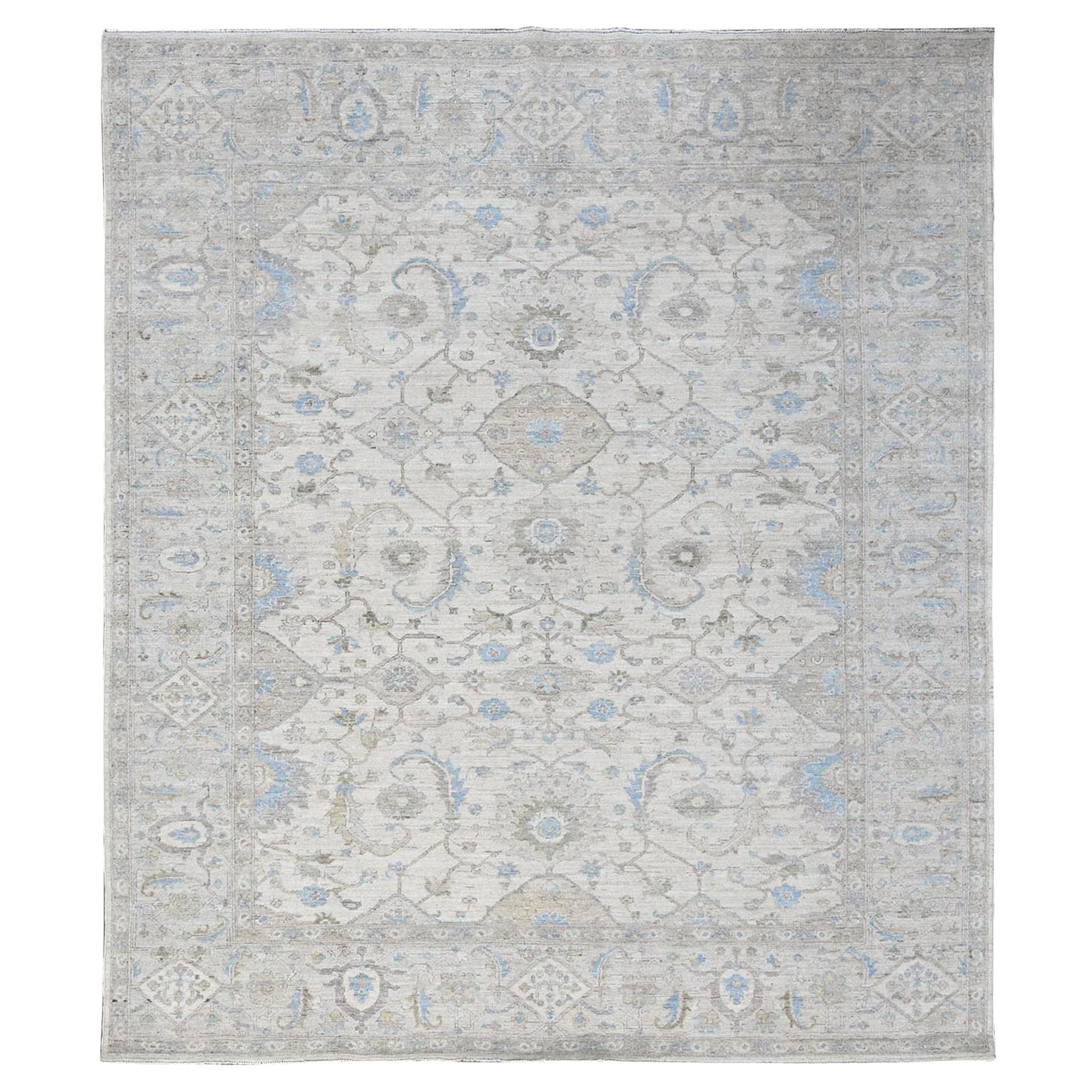 8'x9'8" White Wash Peshawar with All Over Vines Design Hand Knotted Wool Rug For Sale