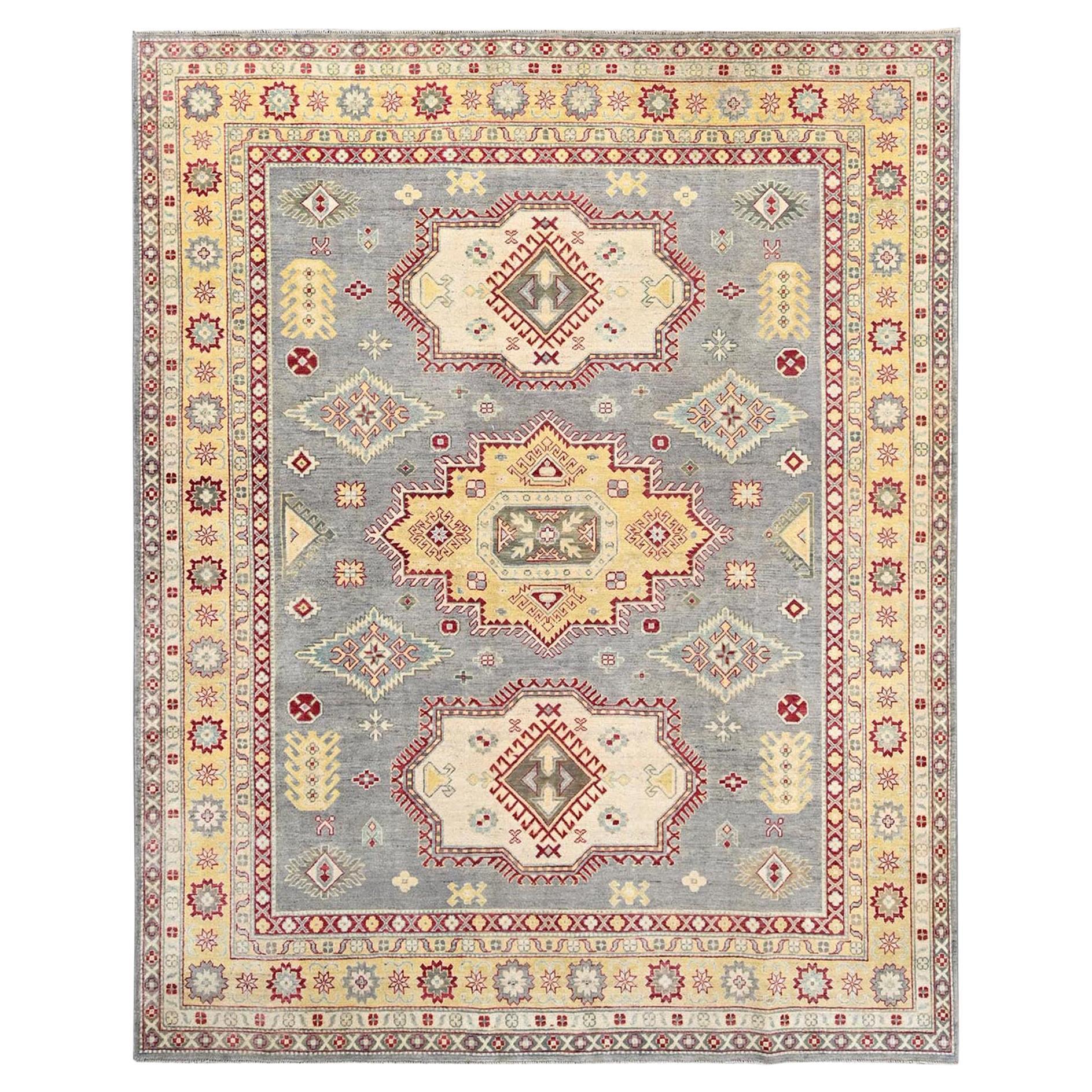 8'x9'9" Alfalfa Gray Kazak Motifs géométriques Design Wool Hand Knotted Rug