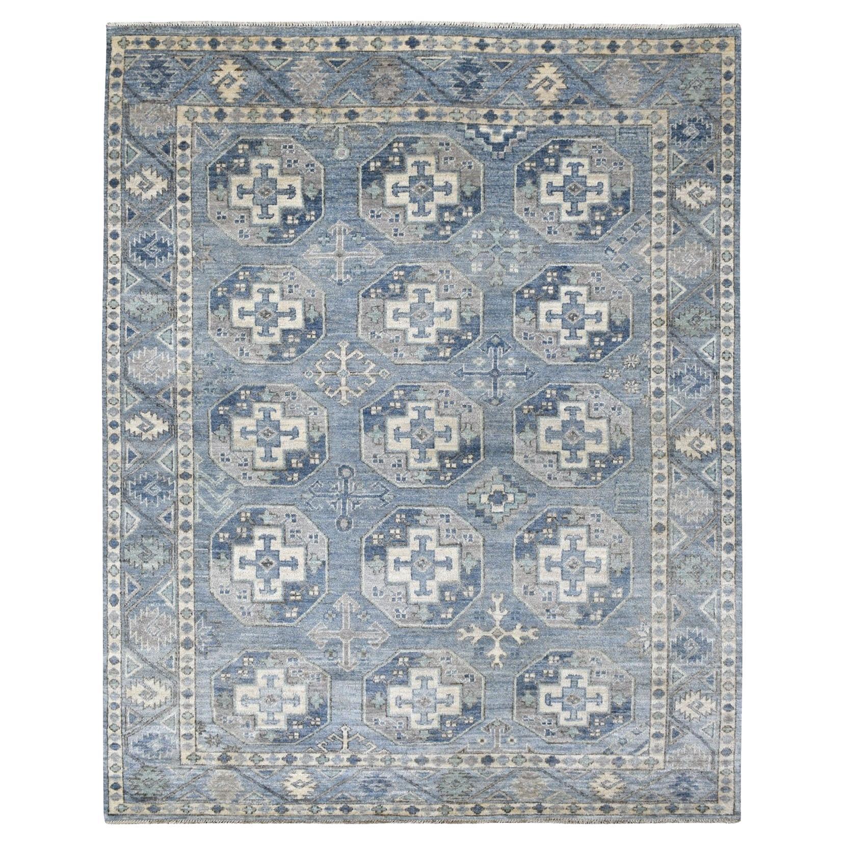 8'x9'9" Blue Shiny Wool Afghan Ersari Design Hand Knotted Oriental Rug