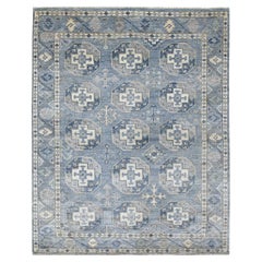 8'x9'9" Blue Shiny Wool Afghan Ersari Design Hand Knotted Oriental Rug