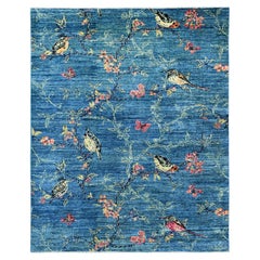 8'x9'9" Blue Sparrows on the Tree Peshawar Hand Knotted All Wool Oriental Rug