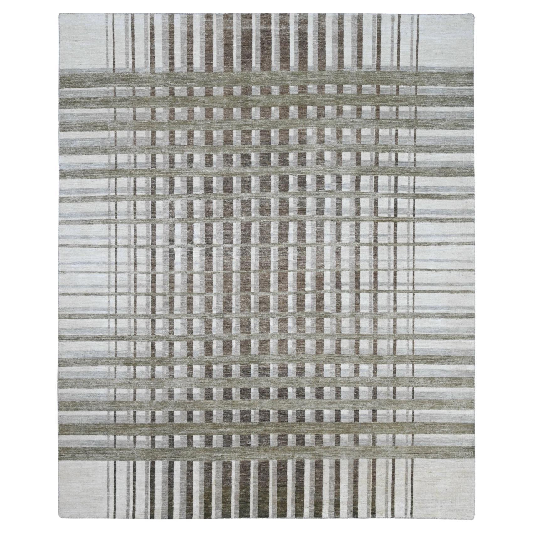 8'x9'9" Braun Bauhaus inspiriert Line Design handgeknüpft reine Wolle Orientteppich im Angebot